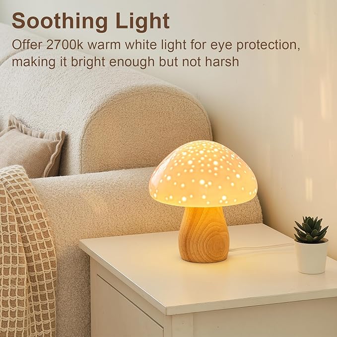 BOHON Mushroom Lamp, Ceramic Bedside Table Lamp for Bedroom Nightstand, Vintage Cute Night Light, Small Lamp for Living Room Kids Desk Home Decor Girls, LED Bulb Included, Pink