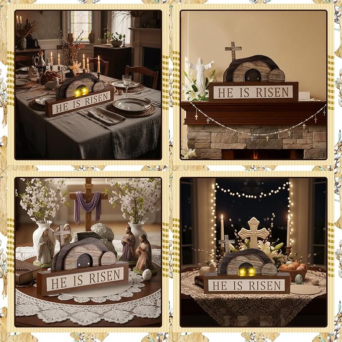 Yousoontic Empty Tomb Easter Scene and Cross Decoration He Is Risen Decor with Light String Wood Easter Tabletop Sign Christian Table Centerpiece Resurrection Scene Jesus Nativity Religious Home Decor