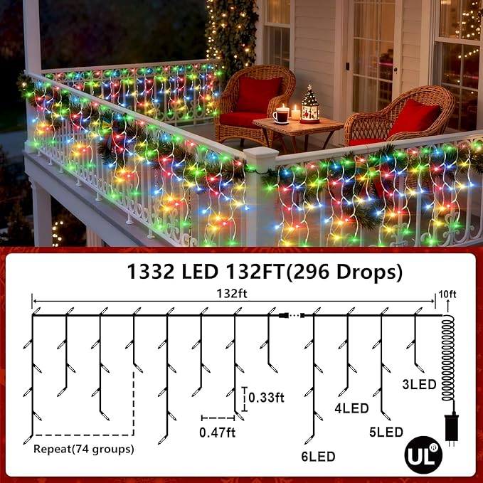 1332 LED 132ft Christmas String Lights Outdoor, 12 Modes Dimmable Curtain Lights with 296 Drops, Waterproof Fairy Lights with Timer for Bedroom Window Holiday Wedding Home Xmas Decor, Multicolor