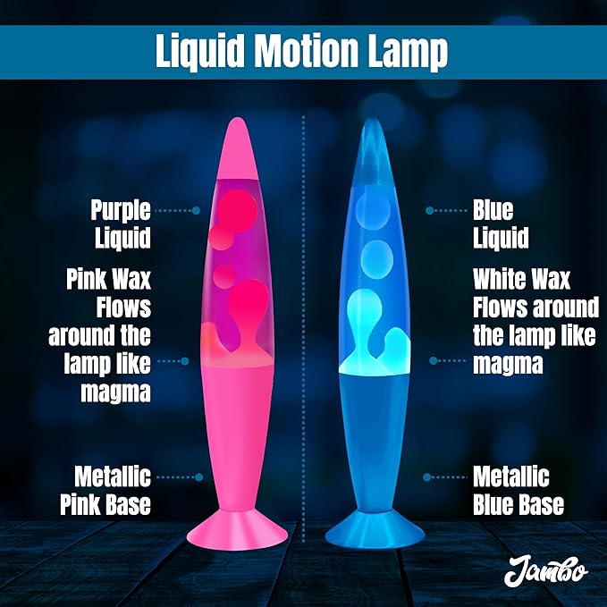 JAMBO 2 Pack- 16" Beautiful Lamp- Blue with Blue/White Wax and Purple with Pink Wax, Relaxing Liquid Lamp, Night Light Nightlight, Lamps for Adults Teens Kid