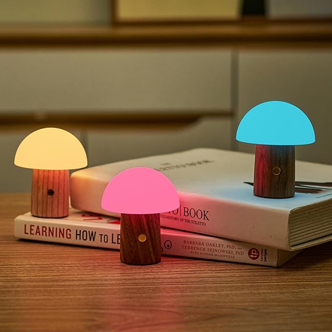 Gingko 7 Colour Changing RGB Alice Mushroom Lamp, Mood Light and Night Lights, Long Life Battery, USB-C Charging, 3 Light Modes, FSC Certified Wood with Frosted ABS Shade (Walnut, Super Mini)
