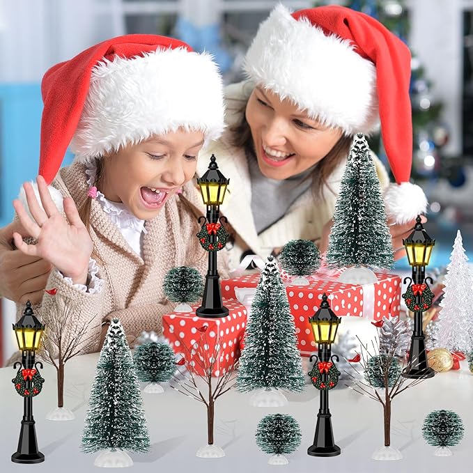 32 PCS Christmas Figurine Village Accessories, Mini Street Light Models with Brush Trees, Miniature Christmas Pathway Street Lamps Lantern Post for DIY Micro Landscape Fairy Garden