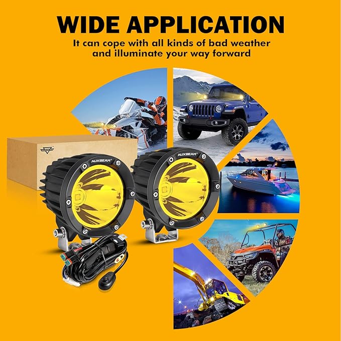 Auxbeam 4 Inch 72W Amber Fog Lights, 2PCS 7200LM LED Round Offroad Light Pods, Yellow Spot Beam Driving Off Road Work Light Bar with Wiring Harness Kit for Jeep Vehicle Pickup Trucks ATV UTV SUV