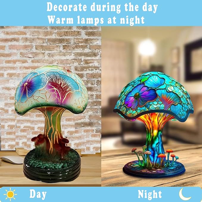 Painting Mushroom Table Lamp, 7.9Inch New Stained Glass Plant Night Light,Bohemian Resin Mushroom Decorative Bedside Lamp for Bedroom Living Room Home Office Decor Gift (M)
