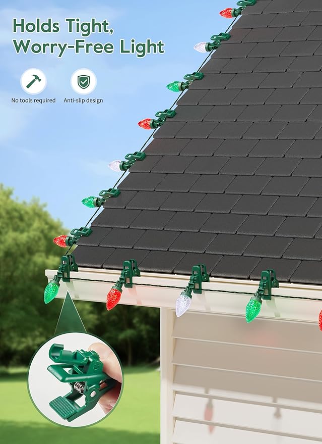 C9 LED Christmas Lights Outdoor, 99 Feet 150 LED C9 String Light with 150 Spring Clips, Waterproof Connectable Christmas Tree Lights for Outside Roofline Patio Home Xmas Decor, Red Green Pure White