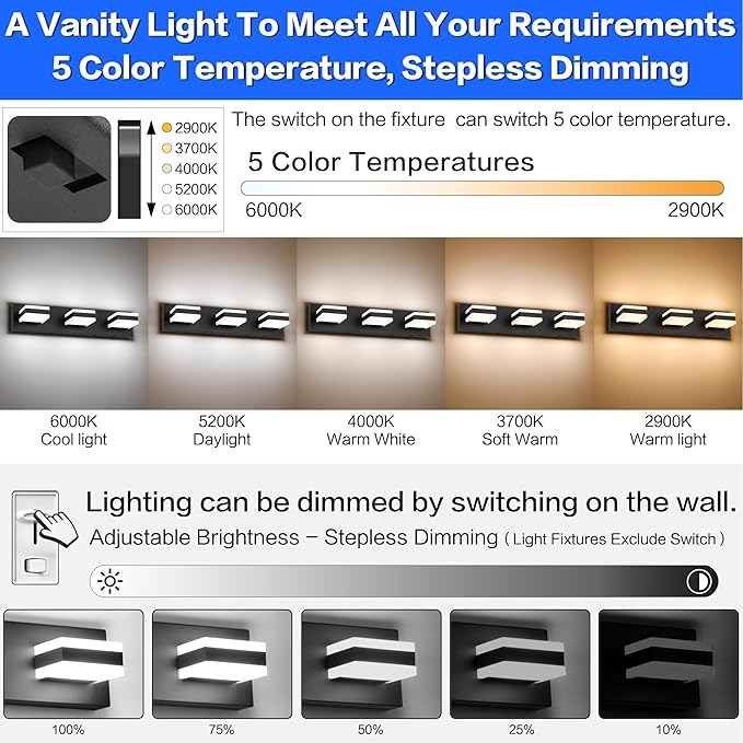 SOLFART Bathroom Light, 5 Color Temperature LED Bathroom Vanity Fixtures, Black 3 Lights Vanity Light Over Mirror Modern LED Light Adjustable Color 5CCT