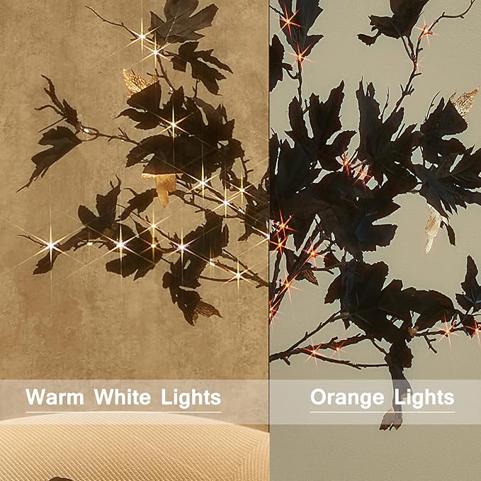 Hairui Lighted Black Maple Garland with Timer 48 LED Orange and Warm White Fairy Lights, Halloween Garland with Lights 6FT Battery Operated with 10 Functions for Fireplace Table Halloween Decoration