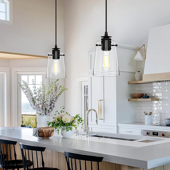Pendant Lights Kitchen Island, Modern Industrial Pendant Light Fixtures with Glass Shade, E26 Socket Adjustable Cord for Dining Room, Bedroom, Living Room, Farmhouse Pendant Lighting 2Pcs