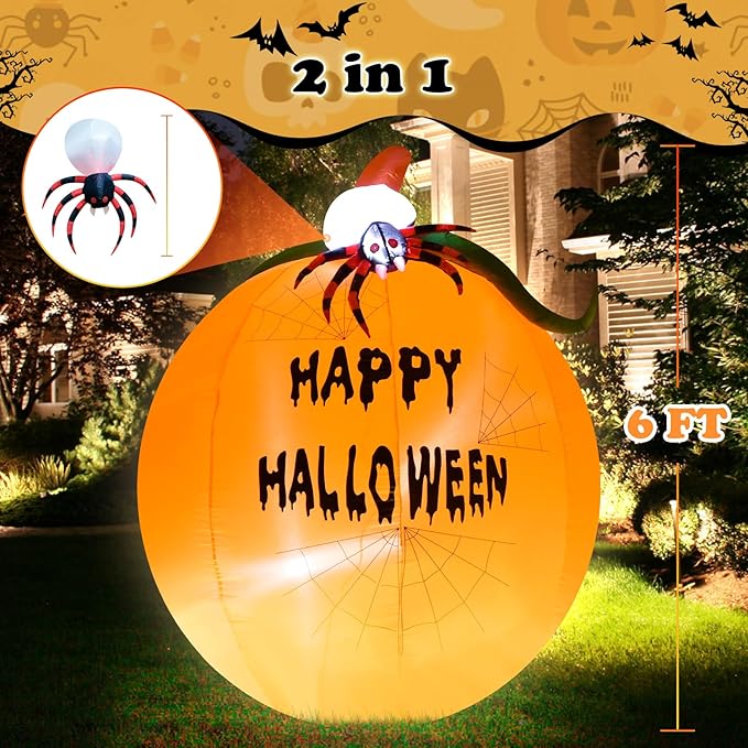 6Ft Pumpkin Lighted Halloween Inflatable Pumpkin Spider LED Lights Decor Outdoor Indoor Holiday Decorations, Blow up Lighted Yard Decor, Giant Lawn Inflatables Home Family Outside