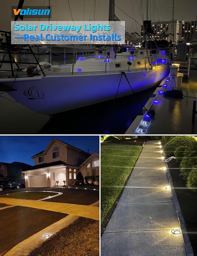 VOLISUN Solar Driveway & Deck Lights 12 Pack Waterproof Dock & Marine Ground Lights,2-in-1 Warm White & White LED,Solar Marker for Pathways,Steps,and Warning Signs,Auto On/Off