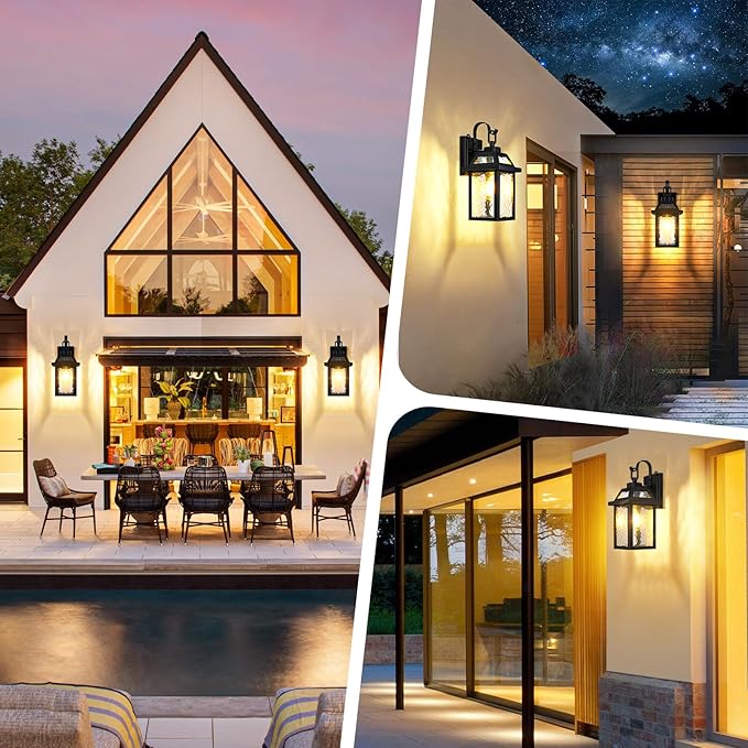 BesLowe Dusk to Dawn Outdoor Wall Lights, Exterior Lighting Fixtures Wall Mount, Porch Lights Outdoor Wall Sconces with Water Ripple Glass, Outside Lights for House Front Door Garage, 2-Pack