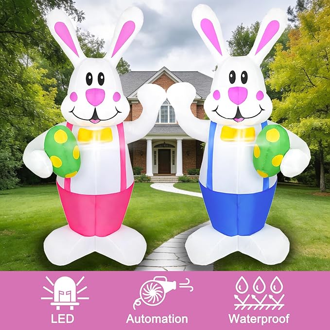 Dearsun Set of 2PCS, 6.2FT H Lovely Easter Inflatable Bunnies Holding Easter Egg, Easter Bunny Blow up Yard Decorations Giant Bunny for Holiday Party Indoor Outdoor Decorations