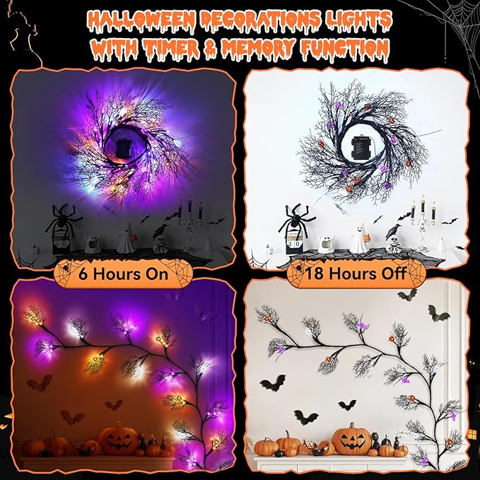 6 FT 54 LED Halloween Lights, 8 Modes & Timer Battery Operated Halloween Pumpkins Bats Ghosts Lights with Willow Vine Twig, 3D Waterproof Decorations Lights for Indoor Wall Party Fireplace Mantle