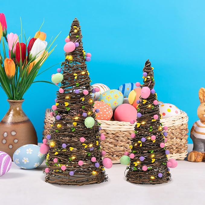 CRCZK 2PACK Easter Rattan Table Tree Decor Lighted Easter Decorations Table Centerpieces Decor Artificial Tree with Led Lights,Eggs&Berries Spring Decorations for Home