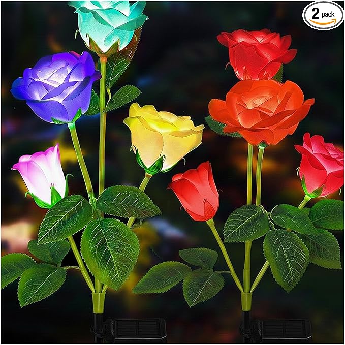 TONULAX Solar Garden Lights - Upgraded Outdoor Light, 7-Color Changing Rose Lights for Yard,Garden Decoration, Enlarged Solar Panel, More Realistic Rose Flower (2 Packs)