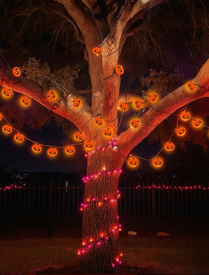 Halloween Pumpkin String Lights Outdoor Indoor, 10FT 12 LED Bat Pumpkin Lights, Waterproof Energy-Saving Halloween Decorations for Porch, Patio, Garden, Party, Trick-or-Treat