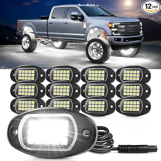 Rock Lights 12 Pods High Bright White LED Underglow Lights for Jeep Trucks Golf Cart ATV UTV RZR SUV Offroad Pickup Accessories