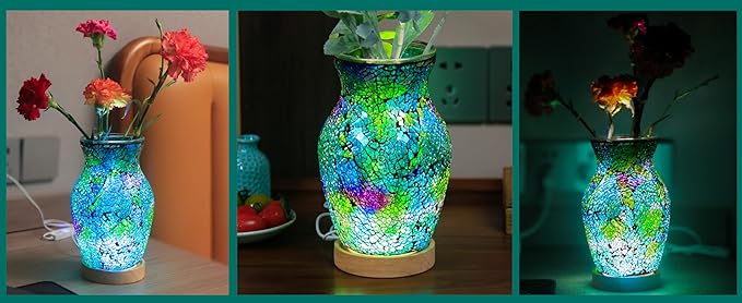 8-Inch Handcrafted Mosaic Cracked-Ice Vase Bedside Lamp with USB-Powered LED Wooden Base 10 Brightness Levels & 3 Color Temperatures,Art Decor Purple-Green Vase Night Light for Home
