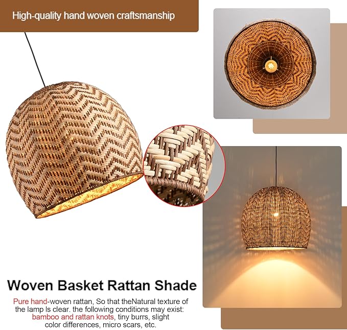 13.77" Rattan Pendant Light 1-Pack Rustic Curry Rattan Hanging Light Hand-Woven Wicker Chandelier for Dining Living Bedroom Kitchen Farmhouse