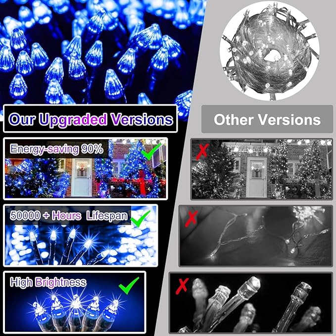 750 LED 240FT Christmas String Lights Outdoor, 12 Pro Modes and Timer Memory & Brightness, Plug in Waterproof Dark Green Wire Twinkle Light for for Xmas Yard Tree Wedding Party Decor (Blue)