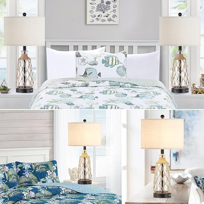 25.5" Coastal Glass Table Lamps Set of 2, 3-Way Dimmable Touch Control Bedside Lamps with 2 USB Ports and AC Outlet, Clear Nautical Nightstand Lamp for Bedroom Living Room (LED Bulbs Included)