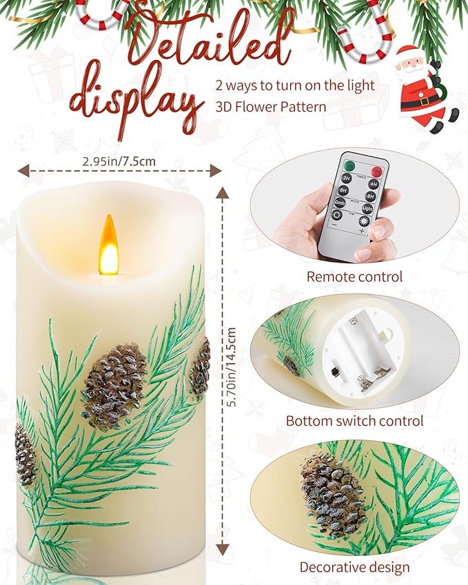 Embossed Pinecone Flameless LED Candle-Realistic Flickering Flame-Battery-Operated Candle with Remote Timer-Real Wax - unscented - Home - Holiday Decoration (3" x 6 ")