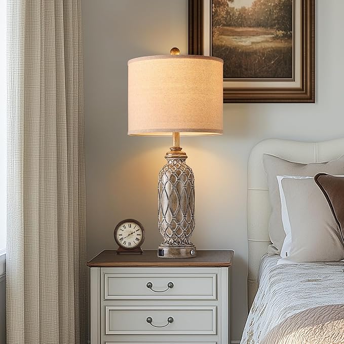Farmhouse Lamps for Bedroom Set of 2, 28" VintageTable Lamps for Living Room with USB A+C Charging Ports, Touch Lamps for Nightstand, 2 Bulbs Included