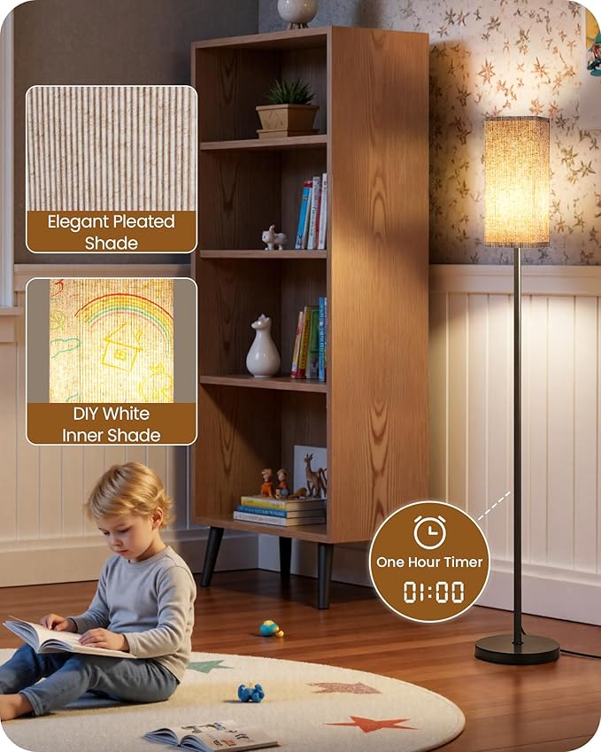 64.2” Dimmable Floor Lamp for Living Room with Remote and Foot Switch, Corner Floor Lamp for Bedroom, Includes 10W A19 Bulb, Modern Standing Tall Lamp, ETL Listed Beige and Black E17LD05
