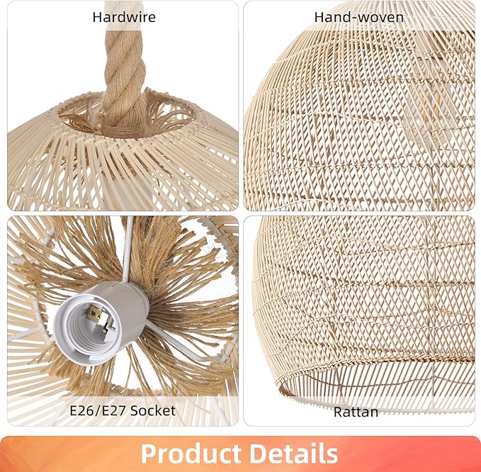 Arturesthome Natural Rattan Pendant Light for Kitchen Island, Woven Lamp Shade Chandelier, Hanging Ceiling Light, Handmade Lampshade Rope Lamp D15.7in*13.7in