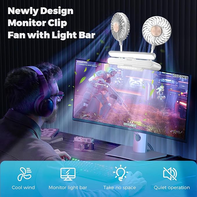 Reading Stand Lamp Space-Saving Clip Fan Light, USB-Powered Cooling 3D Fan with LED Light Bar, Personal Climate Management for Monitor/Laptop/Flat/Bedside/Bookshelf/Music Stand (Glacier Silver)