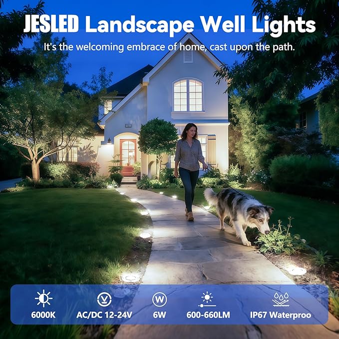 JESLED Low Voltage Landscape Lights, 6W LED Well Lights IP67 Waterproof, 6000K Bright White In-Ground Lights with Wire Connectors for Pathway, Deck, Patio, Yard, Garden (4 Pack)