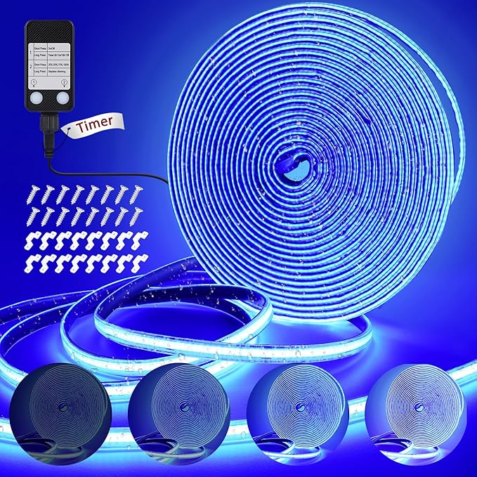 OMIKA Blue 33FT COB LED Strip Lights Outdoor Waterproof, 3200 LED Plug in Strip Light PVC Casing Tape Light Flexible with Self-Adhesive Timer Dimmable for House Garden Camping DIY