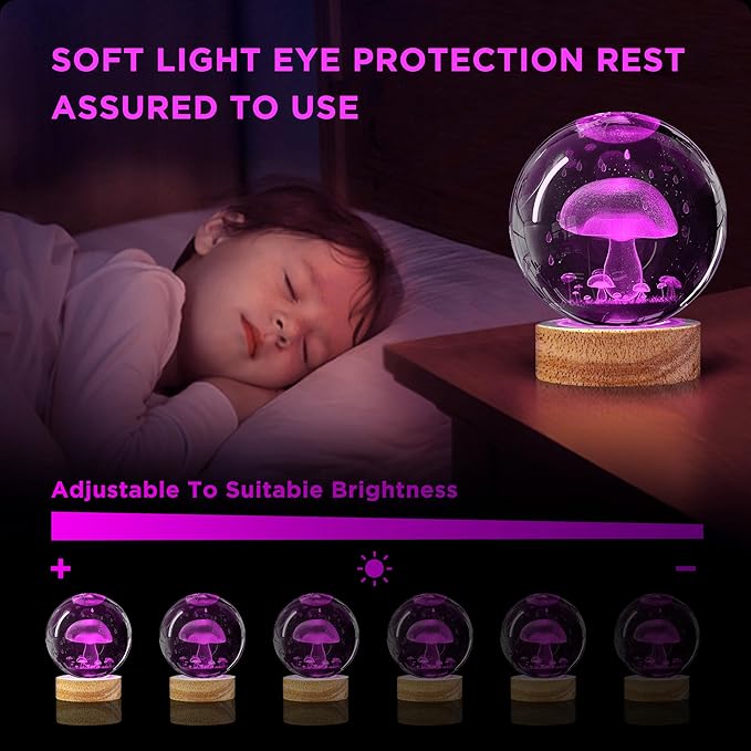 3D Mushroom Crystal Ball Night Light 3.15 inch Glass Ball Lamp with 16 Color Changing Wooden Base and Remote Cute Mushroom Room Table Decor Ideal Gifts for Kids Friends Birthday Christmas