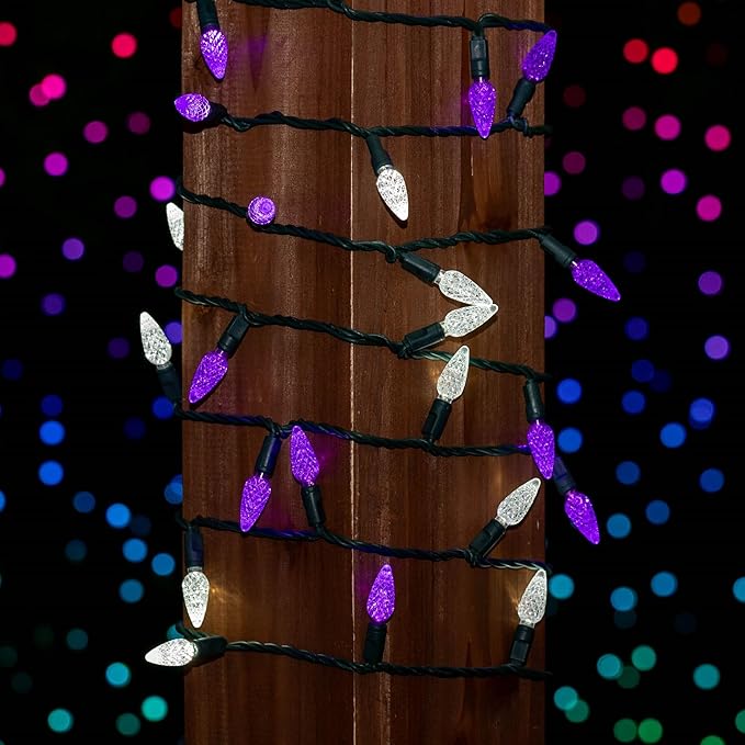 Novelty Lights 24FT 70 LED C6 Commercial Grade LED String Lights, Tree Decorations. Outdoor & Indoor usage, Permanent Christmas Lights. Pure White & Purple