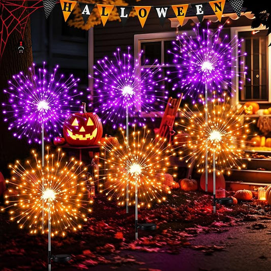 6 Pcs Mardi Gras Solar Firework Lights Solar Lights Outdoor Garden 120 LED 8 Modes Waterproof LED Sparkler Outdoor for Carnival Patio Yard Pathway Walkway (Purple,Orange)