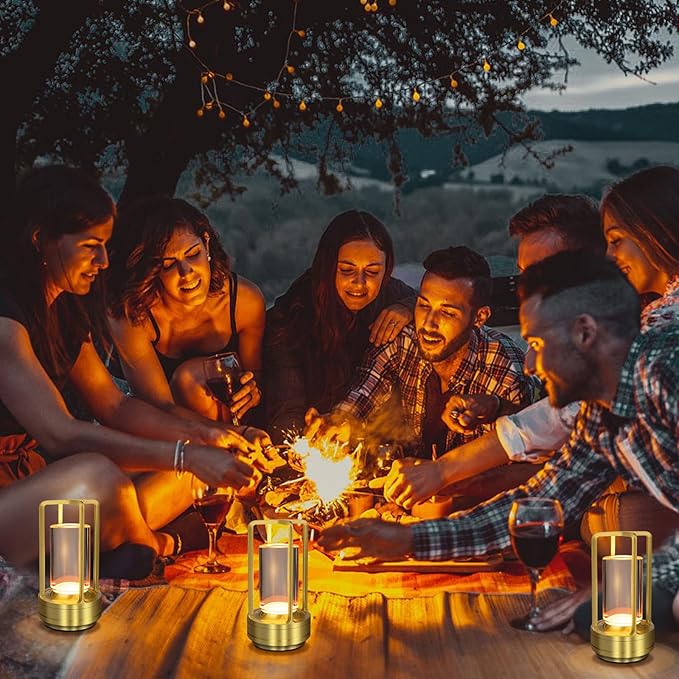 Cordless Table Lamp for Outdoor Indoor, Portable Rechargeable Battery Powered LED Crystal Lantern Lamp, 3 Color Touch Control Stepless Dimming, Small Desk Light for Restaurant Home (Gold)