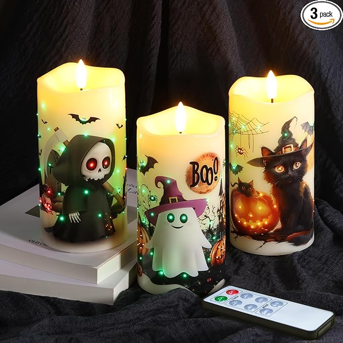Eywamage Fiber Optic Halloween Flameless Candles with Remote, Flickering Battery Operated LED Pillar Candles Set of 3