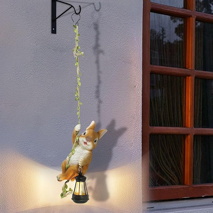 Joliyoou Easter Yard Décor, 6.9" H Resin Rabbit Climbing On A 23.6" L Vine with Solar LED Light, Waterproof Hanging Bunny Figurine Outdoor Statues with Hook for Garden Wall Balcony Tree Decoration