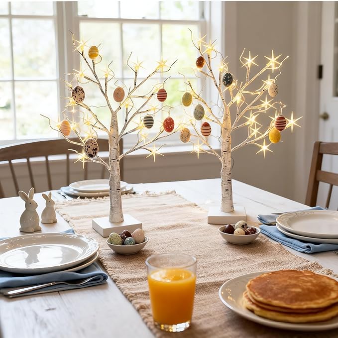 2-Pack Lighted Easter Spring Mothers Day Christmas Tree Decorations Indoor, 2ft Birch Tree with LED Lights, Small Tabletop Patriotic Valentines Day Tree with Lights,Battery- Powered