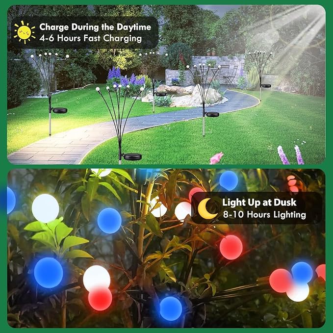 4th of July Decorations Outdoor, 8 Pack Red White and Blue Solar Garden Lights 48 LED, Solar Firefly Lights Outdoor Waterproof Patriotic Light for Independence Day,National Day Garden Yard Decoration