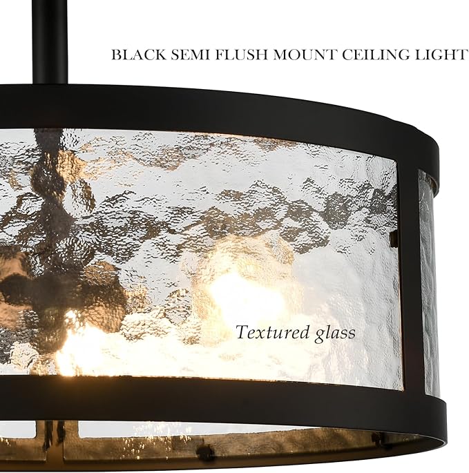 Industrial Black Semi Flush Mount Ceiling Light Harmmered Glass Farmhouse Ceiling Light Fixture 3-Light Ceiling Light for Bedroom Kitchen Bathroom Entryway Proch