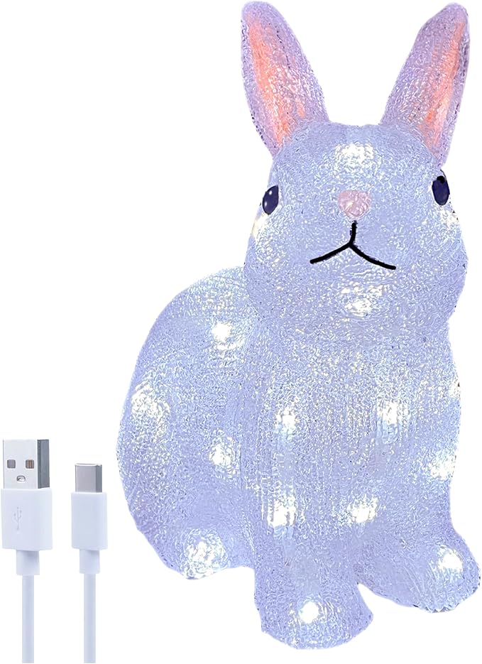 Gloworm YKL-1019, 22CM Acrylic Rabbit Lighting, Garden/Home/Easter Figure Light Up, with 26 White LEDs, 6H Timer, Dual Power Supply USB or Batteries: 3 x AA (Not Included) Bunny Night Light Indoor