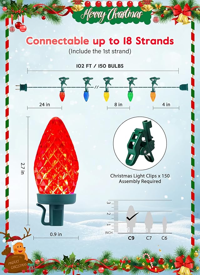 C9 LED Christmas Lights Outdoor, 99 Feet 150 LED C9 String Lights with 150 Spring Clips, Waterproof Connectable Christmas Tree Lights for Outside Roofline Patio Home Xmas Decor, Multicolor