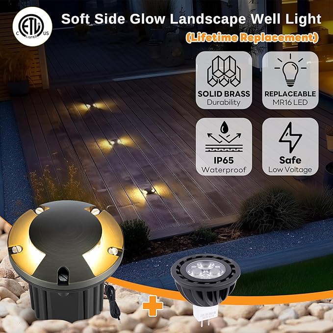 Gardenreet Outdoor Low Voltage Well Lights - Brass Replaceable Bulb 12V In-Ground Lighting, LED Low Voltage Turret Top Fixture, Antique Bronze for House Backyard Patio with 2700K Warm White MR16 Bulb