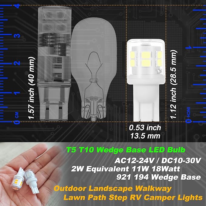 12V T5 T10 Wedge Base LED Bulbs 2 Watt Replace 11W 18W Incandecent Bulbs 300lm 6000K Daylight White 194 921 LED Bulb for RV Camper Marine Boat Ceiling Dome Landscape Stair Step Path Lights, 10 Pack