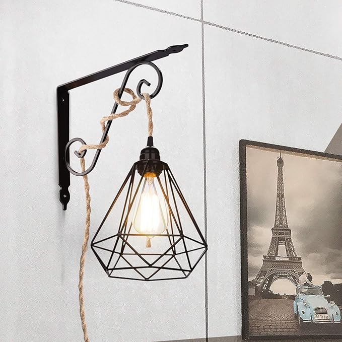 EE Eleven Master Lighting Metal Cage Lampshade for Pendant Light Cord Kit Vintage Lamp Holders Hanging Lighting Cord Fixture Farmhouse Bedroom Dining Room Decoration (1 Pack/Diamond Shape)