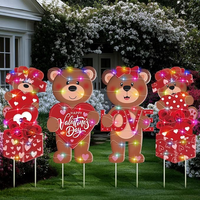 Bencailor 4 Pcs Valentine's Day Outdoor Decorations Valentine's Day Bear Yard Signs Stakes with LED Light Love Bear Heart Rose Lawn Decor for Holiday Lawn Patio Party Wedding Anniversary Decor