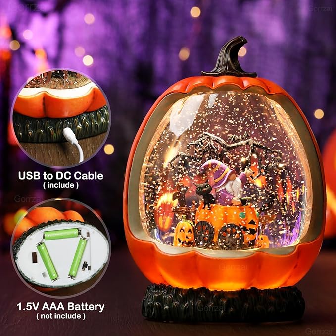 Halloween Snow Globe Lantern with Pumpkin Halloween Decorations Indoor for Home, Lighted Halloween Decor with Black Cat Gnome Timer Swirling Glitter, USB or Battery Operated