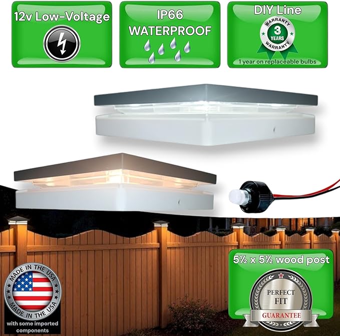DekLights® DIY Line LED Lighted Post Cap for 6x6 Wood Posts (True 5.5"x5.5"). Our 12volt Low Voltage with Replaceable LED Bulb. for Your 6x6 Fence Posts (Black & White Cap 6000k Bulb)