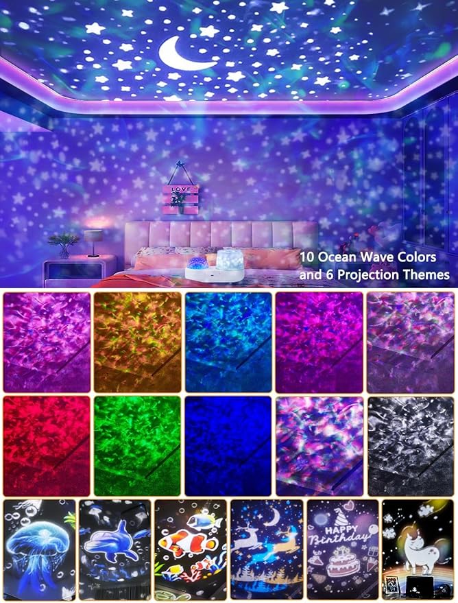 Ocean Wave Projector Night Light for Kids Bedroom - 10 Color Ocean Waves + 6 Films, 360 Rotation Timer for Kids, Baby Girls, Birthday, Christmas, Gifts, Ceiling, Room Decor
